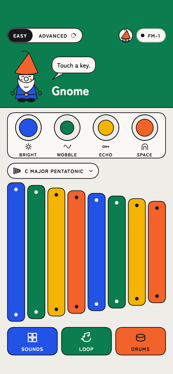 The app in Easy: the Gnome says Touch a key, four coloured knobs, and tall coloured keys in C major pentatonic.