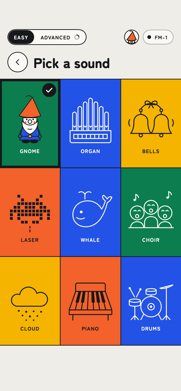 The app's sound picker: nine coloured tiles, Gnome, Organ, Bells, Laser, Whale, Choir, Cloud, Piano and Drums.