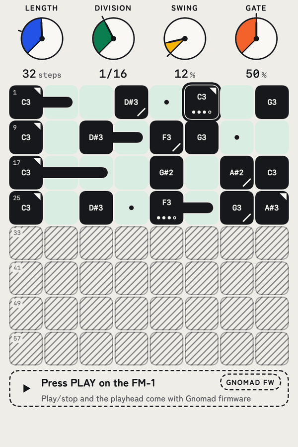 The app's loop editor: 32 steps of notes in rows, with Length, Division, Swing and Gate dials.