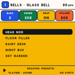 The FM-1 Grooves page: Head Nod, Floor Filler, Rainy Desk, Night Bus and Sky Garden, with Head Nod playing.