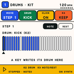 The FM-1 step page for a drum kit while recording, with the metronome click turned on.