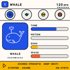 Easy on the FM-1: the Whale picture, with Tone, Motion, Echo and Space bars set by the four knobs.