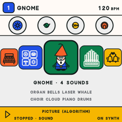The FM-1 screen picking a sound: a row of pictures, Piano, Drums, Gnome, Organ and Bells, with the Gnome in the middle.