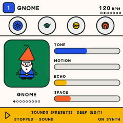 The FM-1 screen in Easy: the Gnome sound is picked, the Gnome is drawn singing, with Tone, Motion, Echo and Space bars beside him.