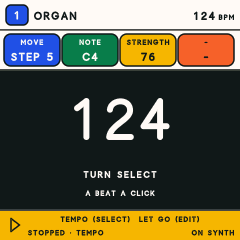 The FM-1 tempo screen: 124 in big numbers, with Turn Select, a beat a click.