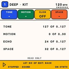 The FM-1 Deep page: Tone, Motion, Echo and Space with their exact values.