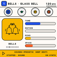 The FM-1 in the V1.6 build: the Bells picture playing Glass Bell, with Tone, Motion, Echo and Space bars.