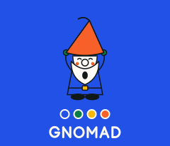 The FM-1 start-up screen: the Gnome above four coloured dots and the word GNOMAD, on blue.